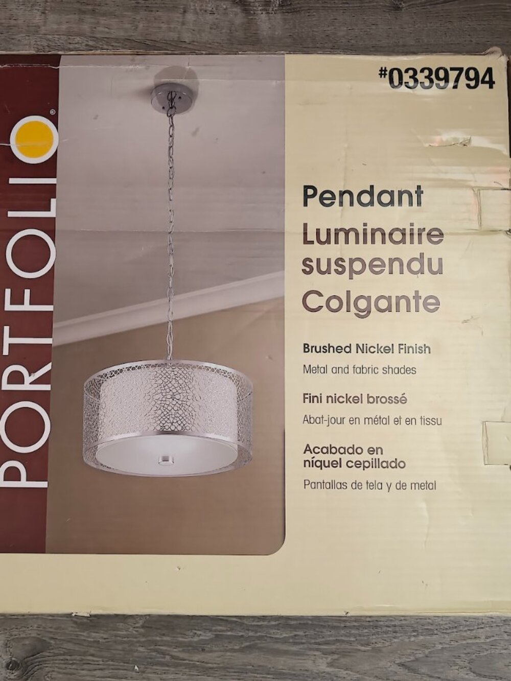 Portfolio 0339794 Pendant Light Brushed Nickel Metal Fabric Shade NEW